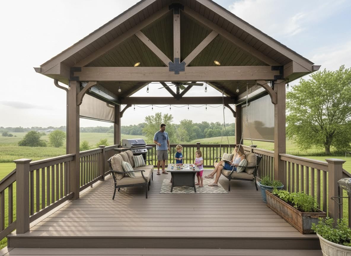 Family enjoying a game on a covered outdoor deck