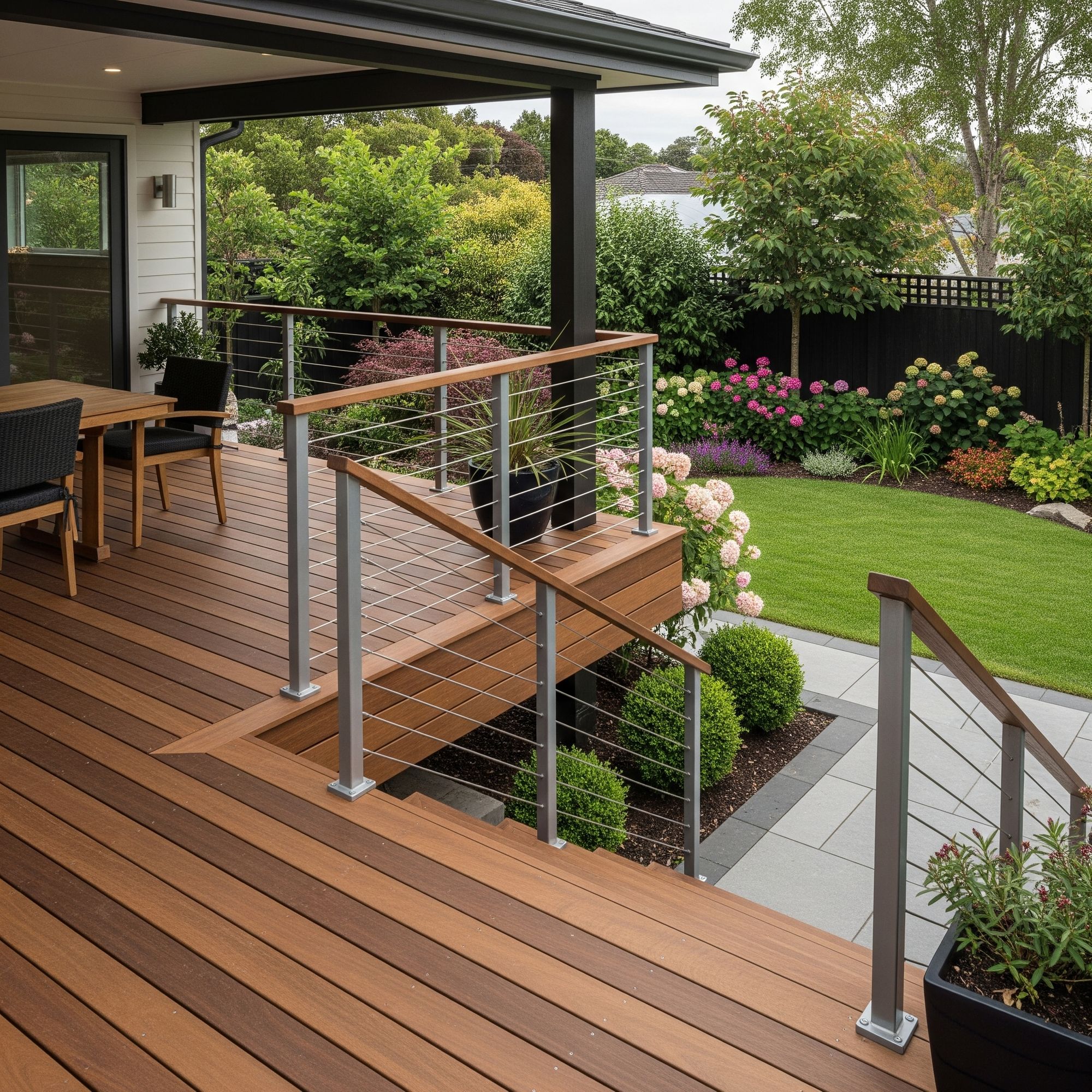 A luxury deck with composite decking and cable railings 