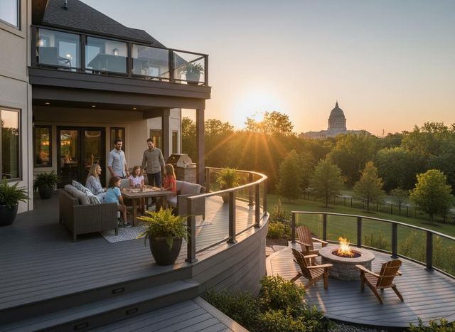 Family Enjoying Multi-Level Deck and Fire Pit at Sunset