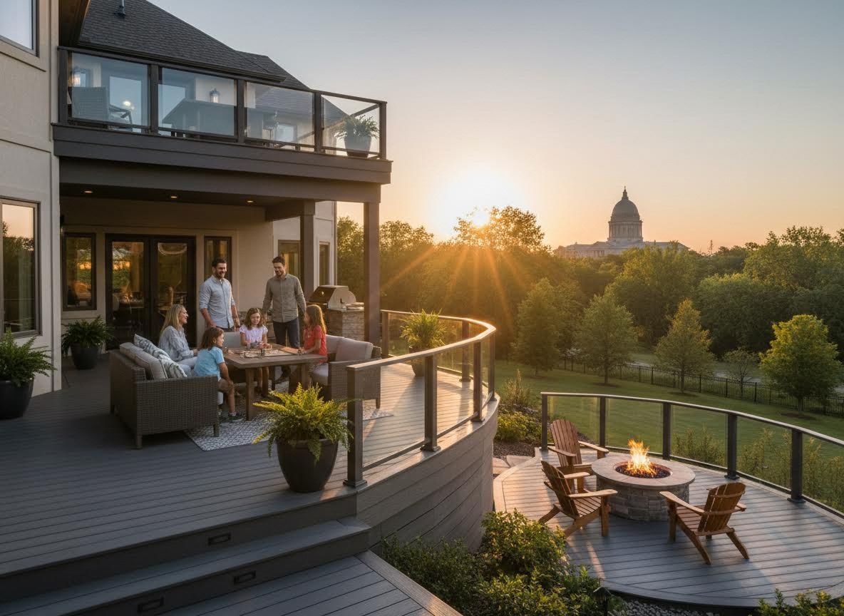 Family Enjoying Multi-Level Deck and Fire Pit at Sunset