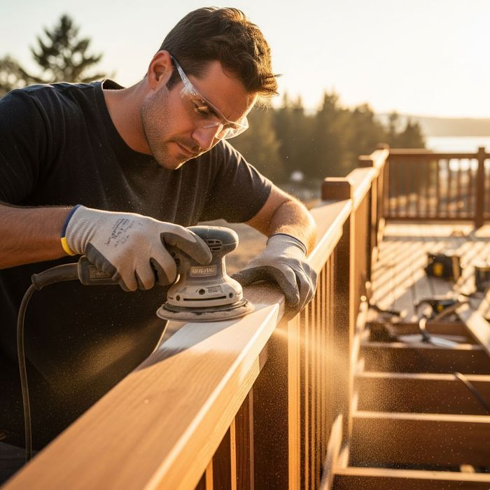 A skilled craftsman sanding a deck railing with precision.