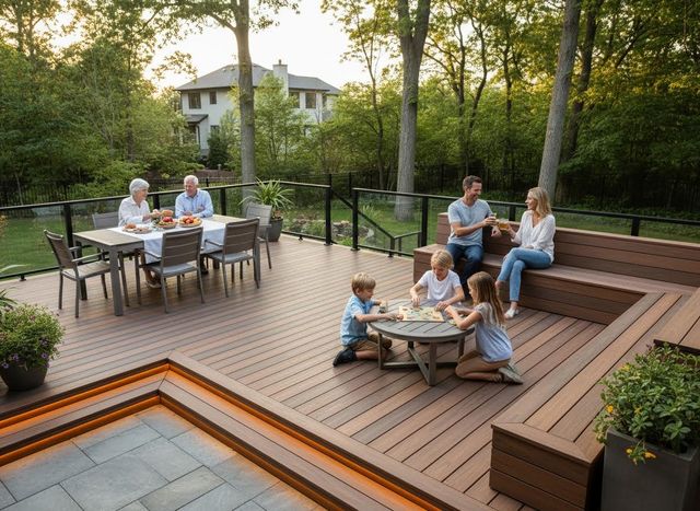 Family enjoying a multi-level composite deck with dining and play areas