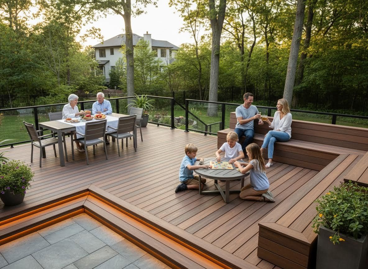 Family enjoying a multi-level composite deck with dining and play areas