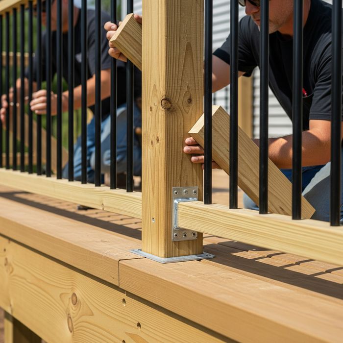 Two contractors installing board near railings of a deck