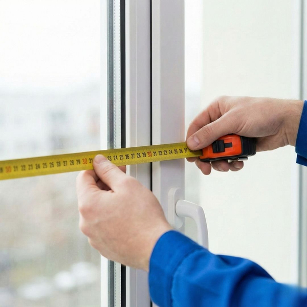 A technician's hands are shown measuring a window frame with a tape measure.