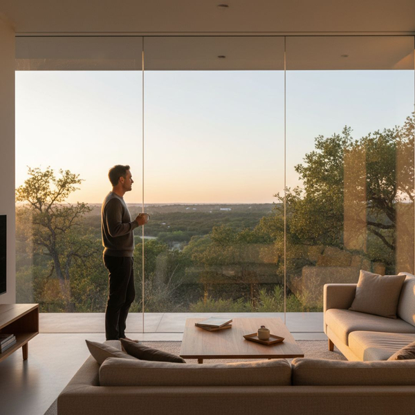 a man standing in his living room in front of floor to ceiling windows