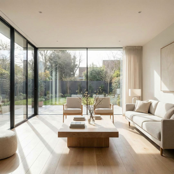 A sun-drenched modern living room features expansive clear glass windows that flood the space with natural light.