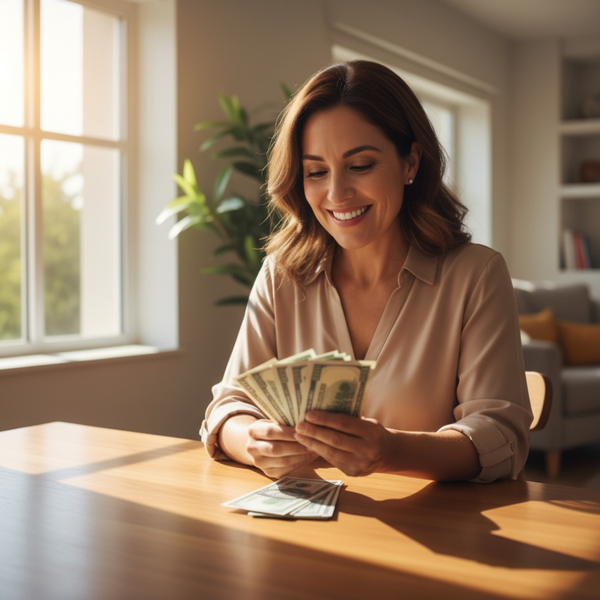 Woman happily counting money