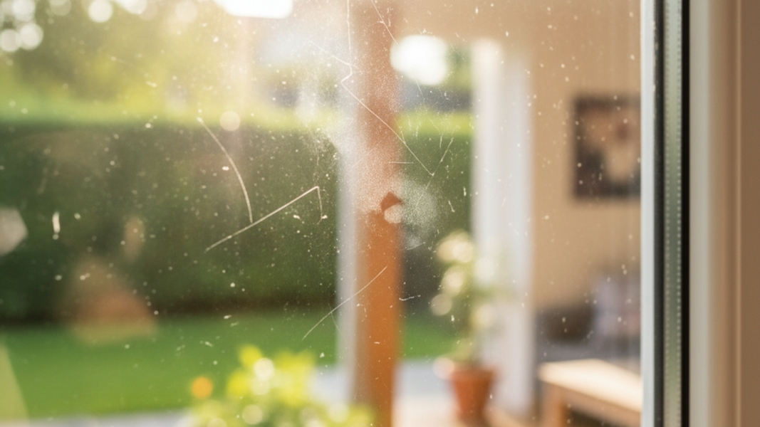 Close-up of clear window glass with subtle condensation, bright natural light