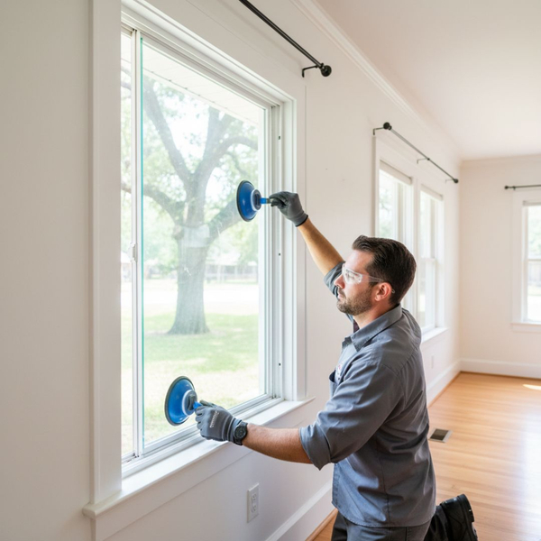 Window installer installing a new window holding the pane with suction cups
