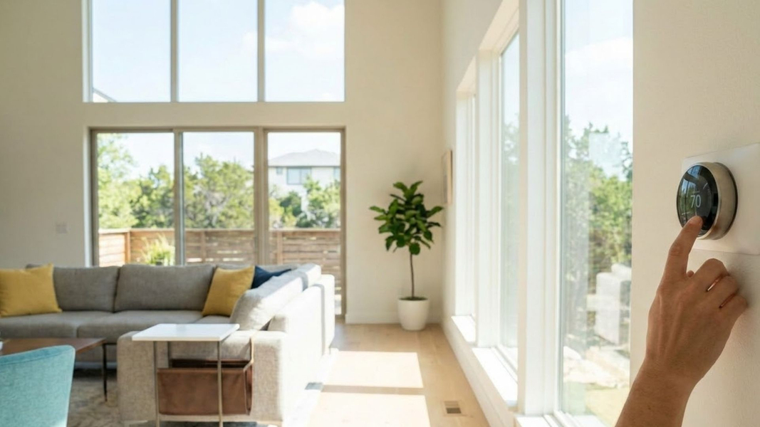 A person's hand adjusts a digital thermostat on the wall of a modern, sunlit Austin home, with a large window in the background.