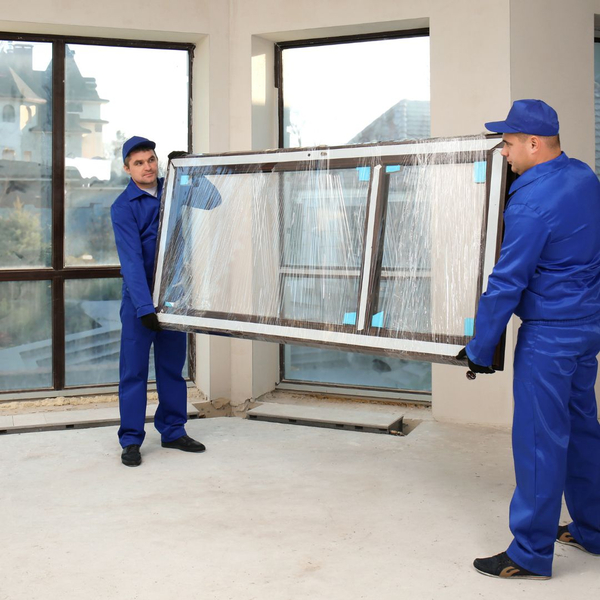 two people lifting a large new window