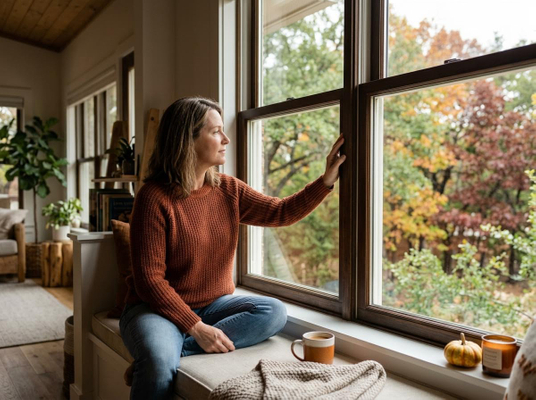 Woman enjoying autumn view from window seat