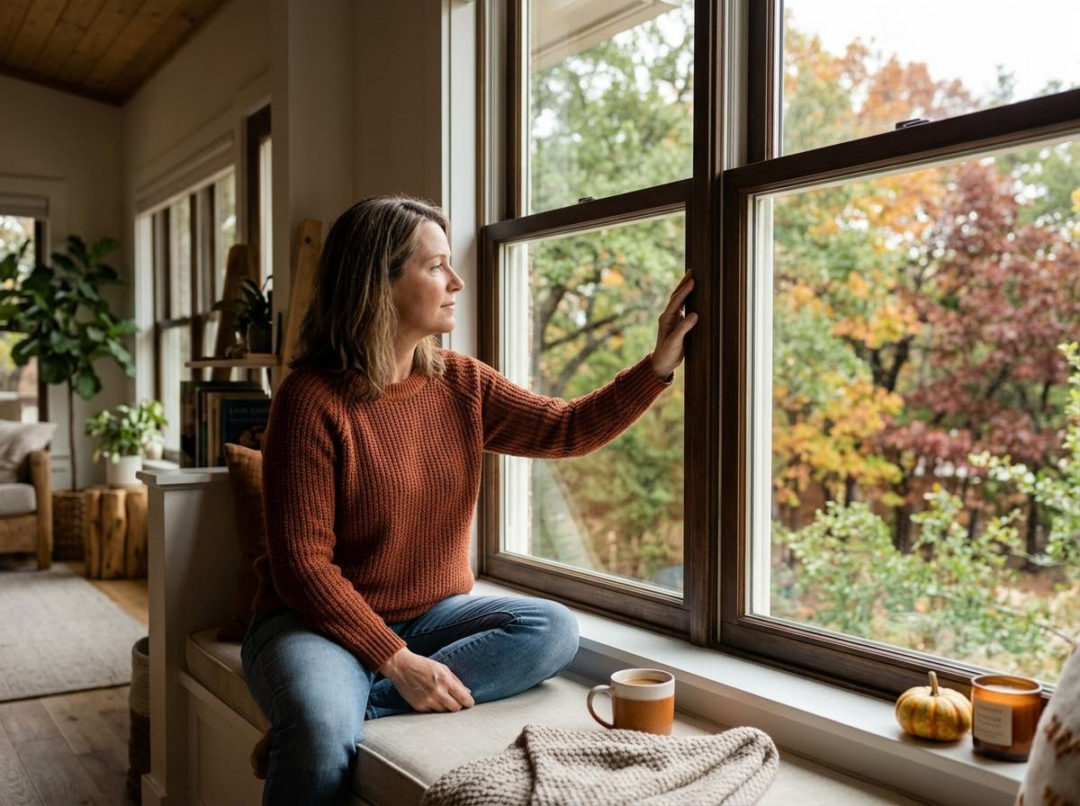 Woman enjoying autumn view from window seat