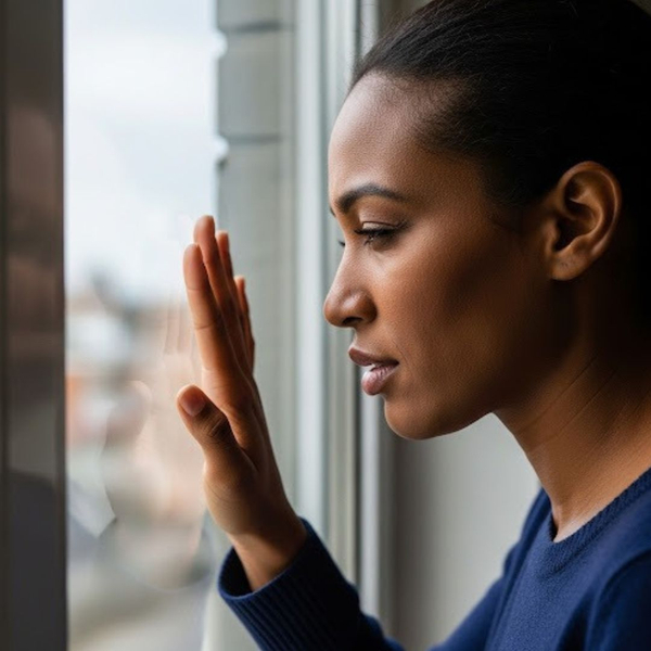 A homeowner holds her hand up to a window to feel a cold draft coming into her home. A homeowner holds her hand up to a window to feel a cold draft coming into her home.