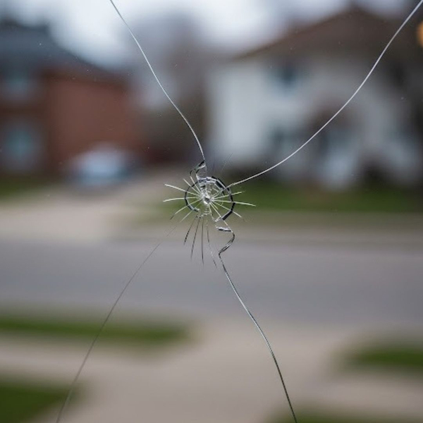 A close-up photograph showing a small crack spreading across a window pane. A close-up photograph showing a small crack spreading across a window pane.