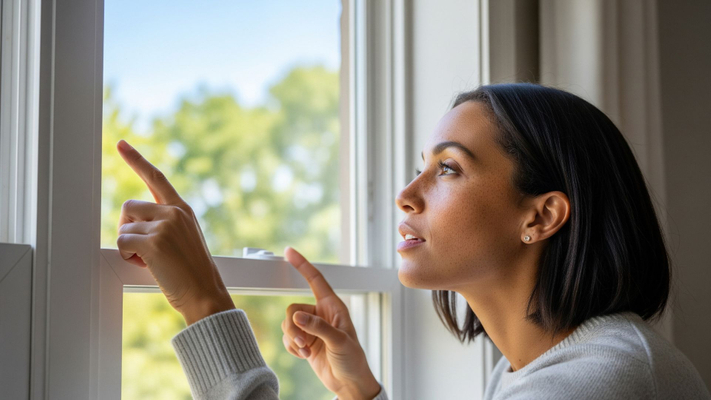A woman carefully checks the condition of her home's window.