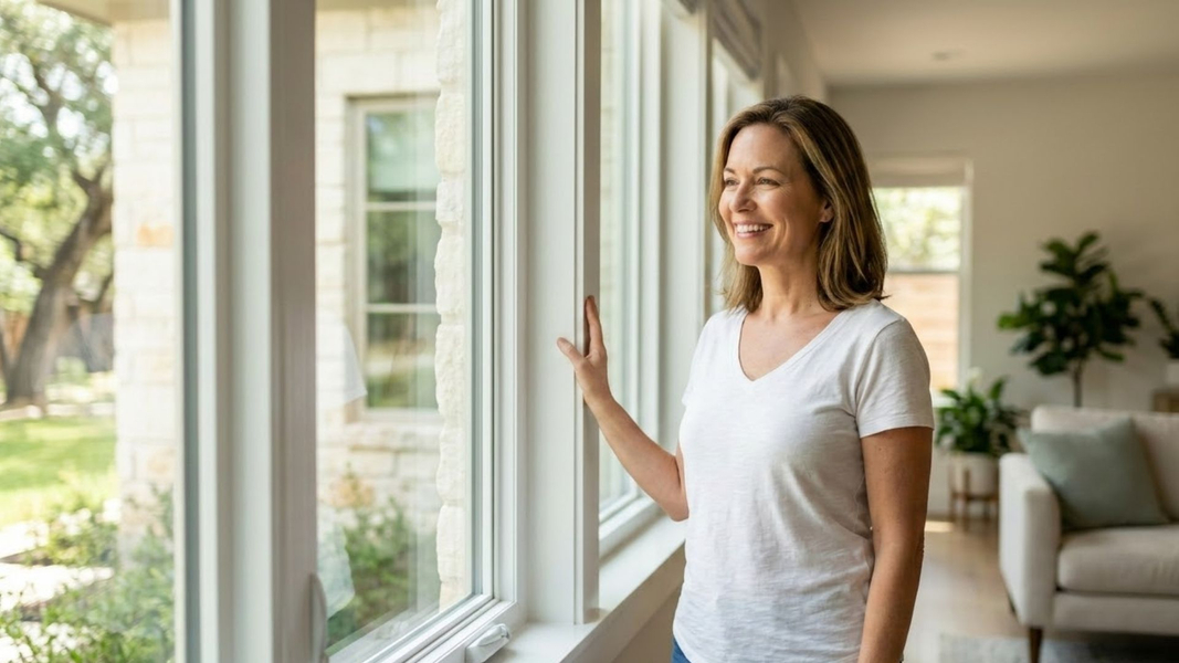 A smiling Austin homeowner standing happily beside a newly installed energy-efficient window that is flooding the modern living room with natural light.
