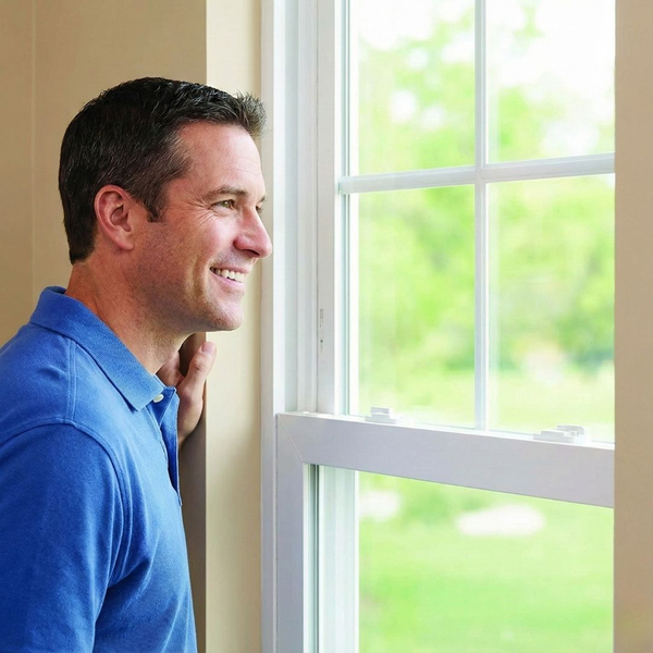 A man smiles while looking out of a clean, newly repaired window.