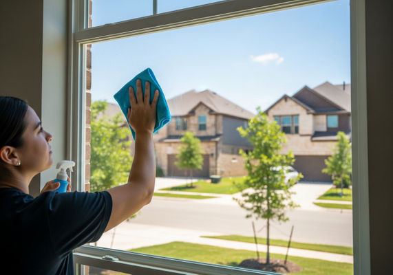 Woman cleaning a window with a cloth