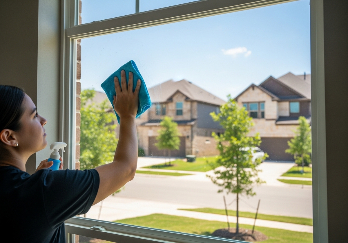 Woman cleaning a window with a cloth