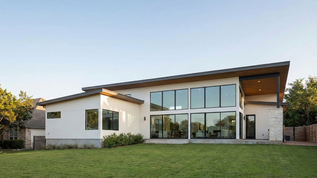 A modern home with large, clean windows against a blue sky.