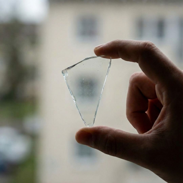 A hand holds up a shard of broken window glass.
