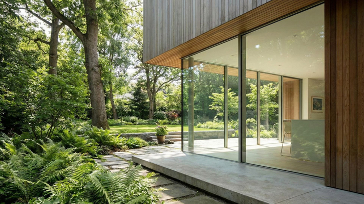 A modern home features large, clear glass windows that offer a seamless view of the surrounding lush green landscaping.