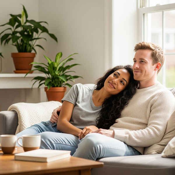 A man and woman relax comfortably on a sofa in their sunlit and quiet living room. A man and woman relax comfortably on a sofa in their sunlit and quiet living room.