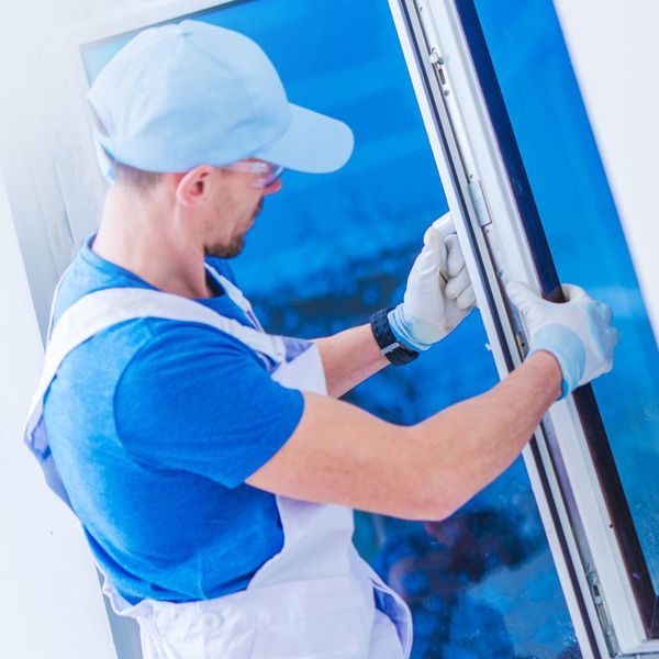 man installing a glass door