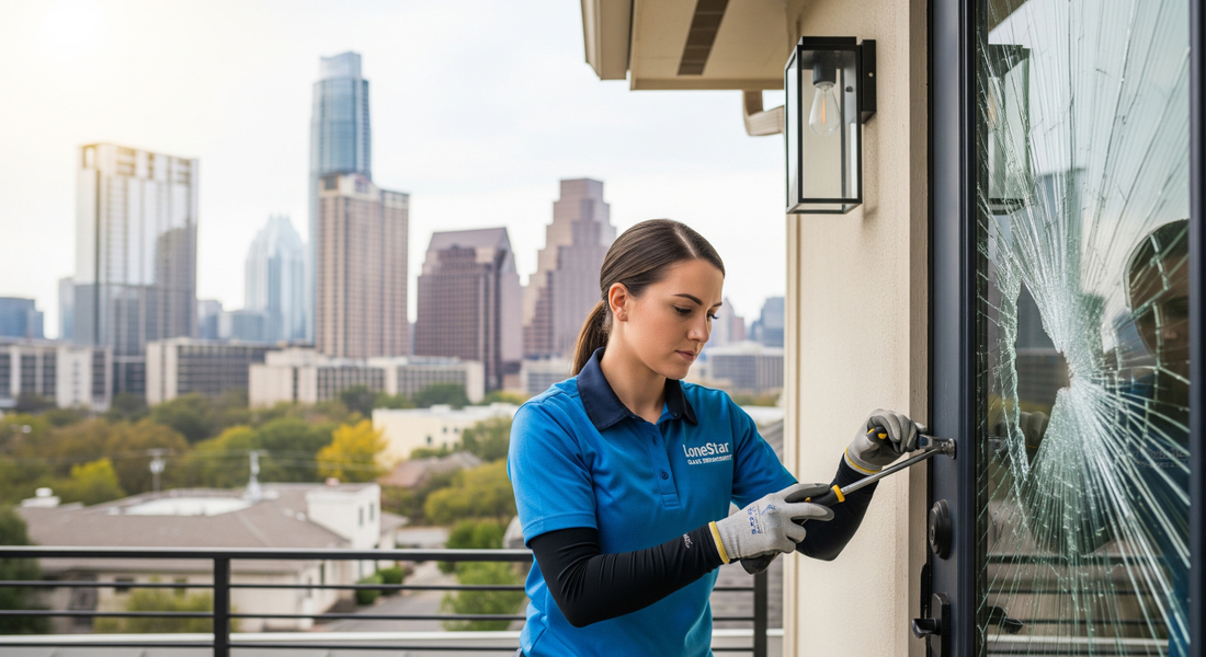 A LoneStar Glass Replacement technician expertly repairing a large glass door, with the Austin skyline visible in the background, symbolizing clear and reliable service.