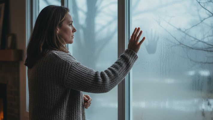 a homeowner looking out a foggy window during winter