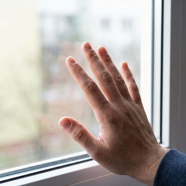 A close-up view shows a person's hand pressing against the warm glass of an older, single-pane window.