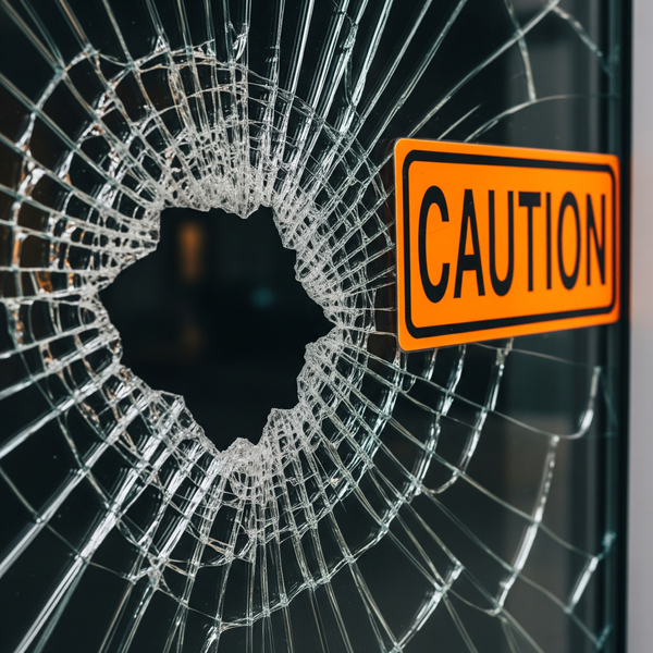 Close-up of a shattered glass door with a "caution" sign, emphasizing the urgency and danger of damaged glass.