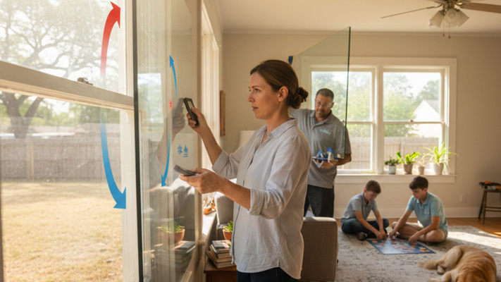 a woman adjusting the temperature in her home as the hot air rises outside and the cold air fills the house inside