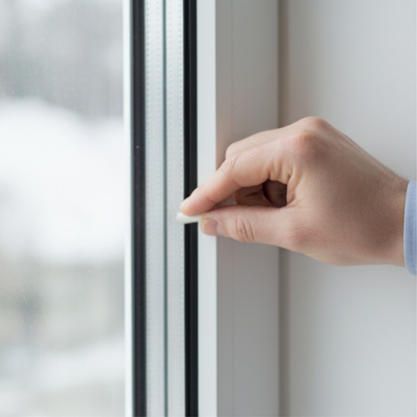 A hand inspecting a window seal