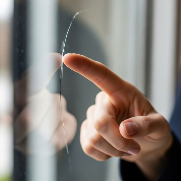 A person points to a small crack in a pane of window glass. A person points to a small crack in a pane of window glass.