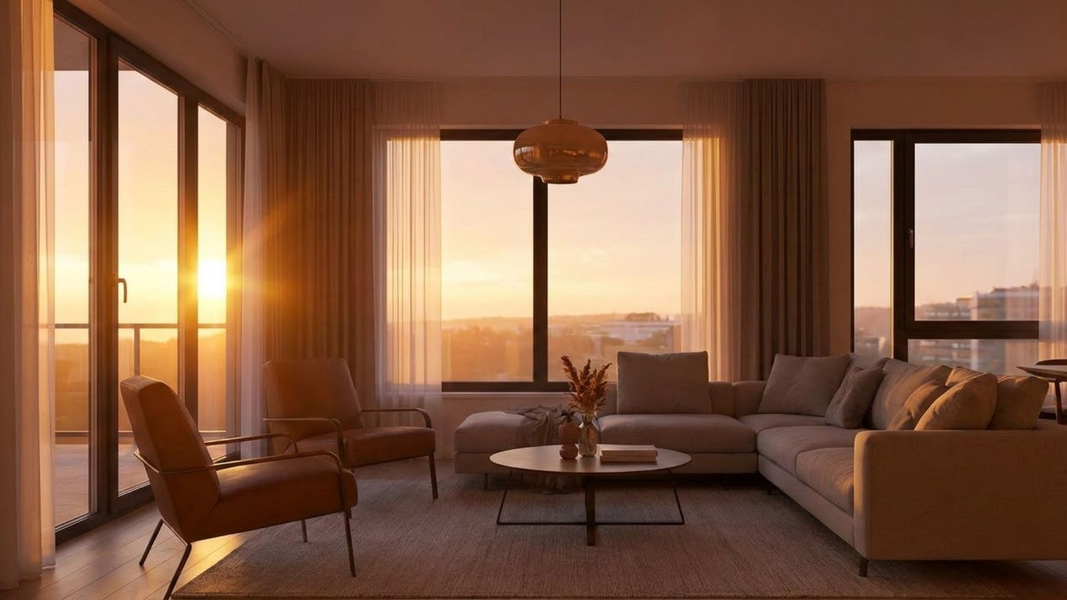 A warm sunset glow filters into a modern living room through large windows. Now generating the 1:1 square image for the first section.