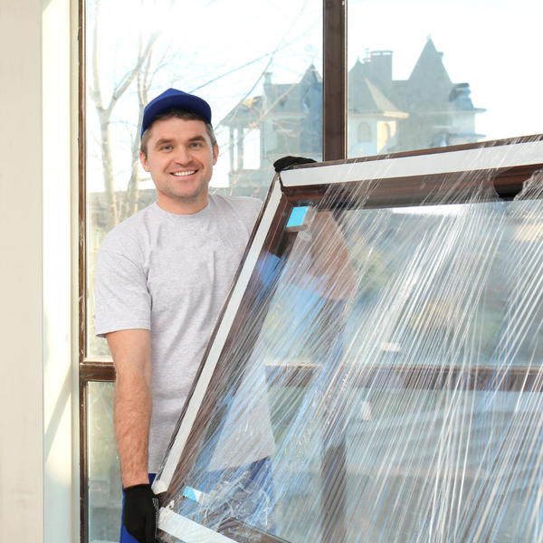 smiling man moving a window wrapped in plastic