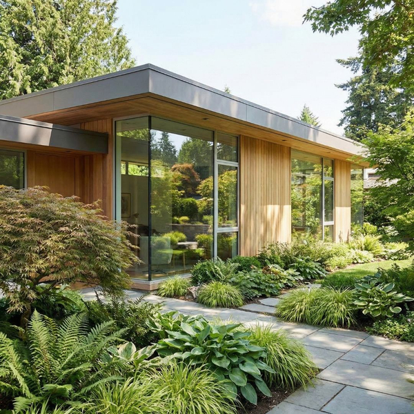 A sleek modern home exterior showcases large clear glass windows integrated with vibrant green landscaping.
