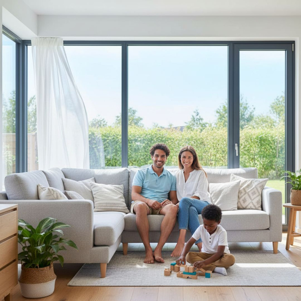 a family comfortably sitting in a temperate room surrounded by windows
