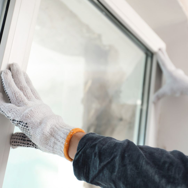 person installing a window