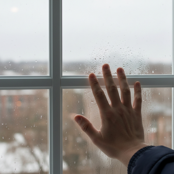 A hand gently touches a pane of glass with a slight haze