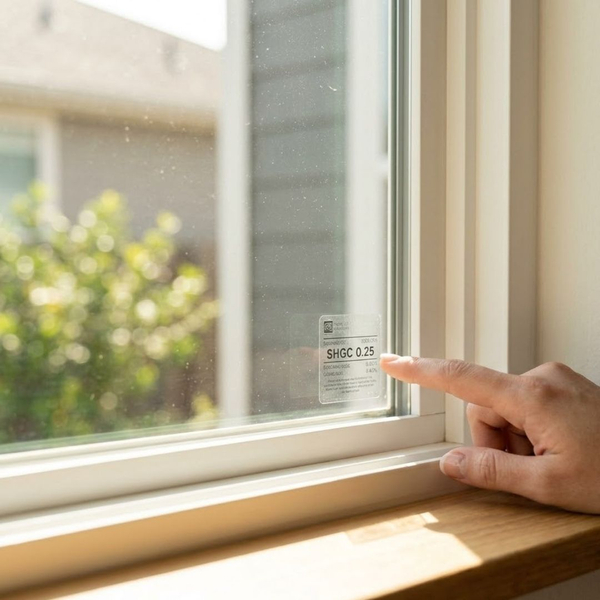 A detailed close-up of a new window pane clearly displaying a discrete efficiency sticker indicating an SHGC rating below 0.27, illuminated by bright natural light.