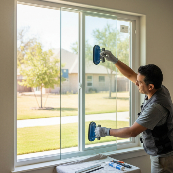 Professional replacing a glass pane in an existing window frame