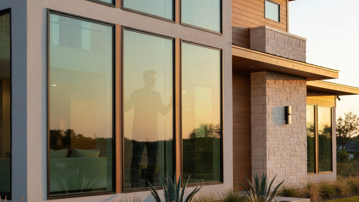 A person stands silhouetted against the warm light inside a modern home with numerous large, clean windows.