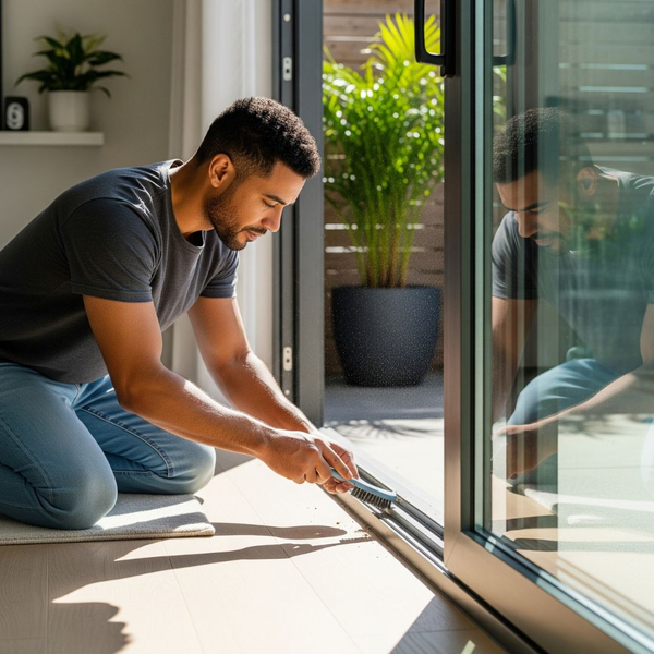 A man cleans out the debris from a sliding glass door track. A man cleans out the debris from a sliding glass door track.