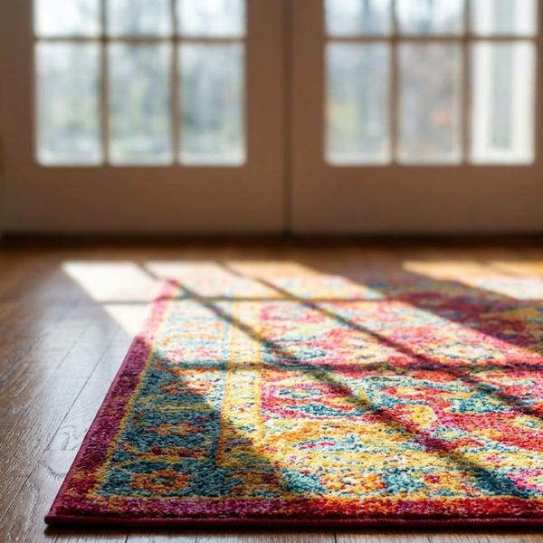 A warm sunbeam streams through a window, illuminating a colorful area rug and the wood grain of a polished hardwood floor.