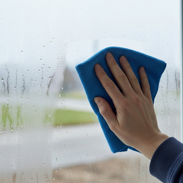 Hand wiping a condensation-covered window with a cloth