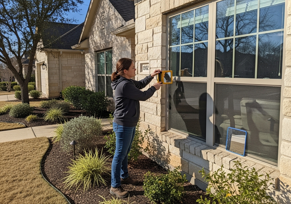 Woman using mirrors to examine window
